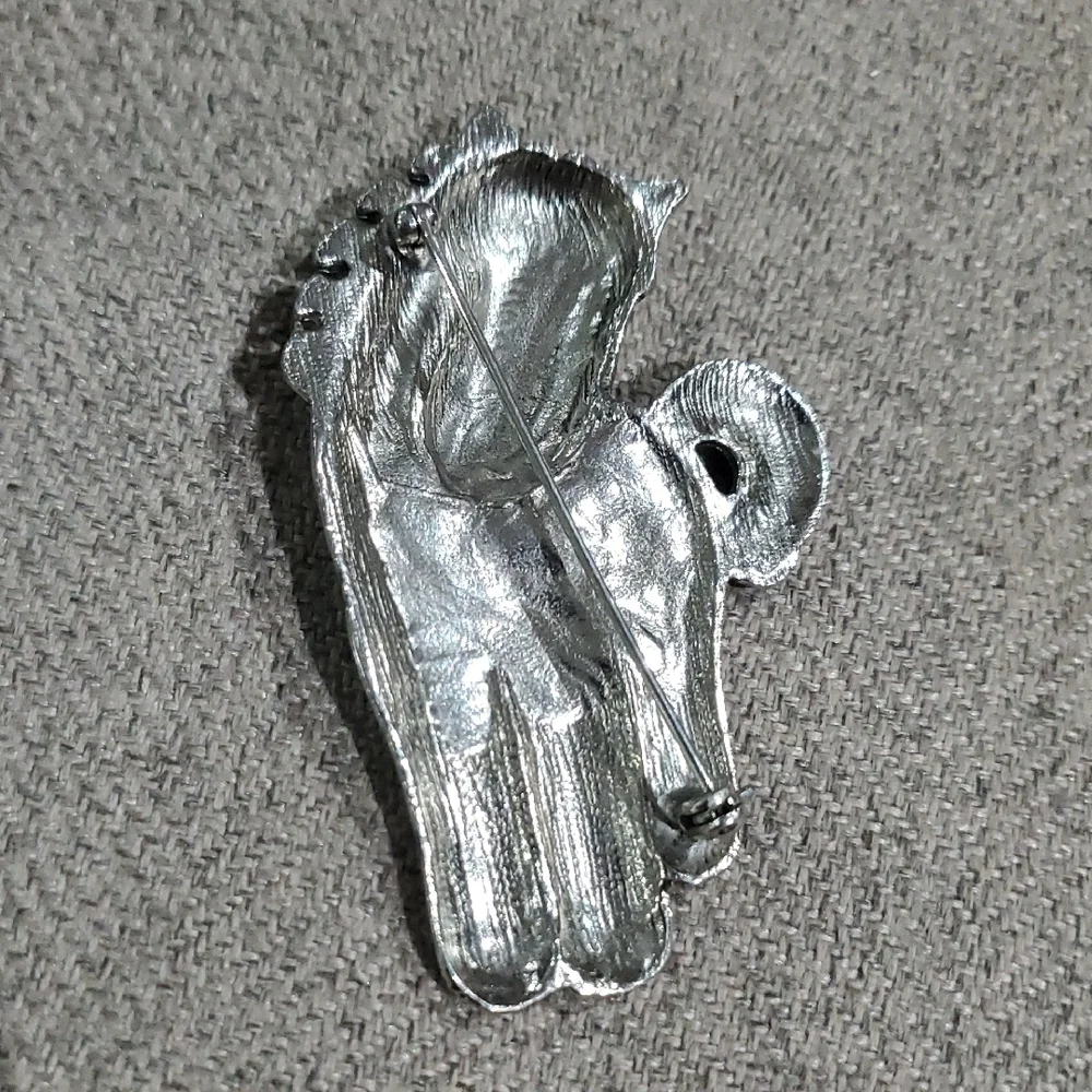 Vintage Silver Tone Horse Pony Brooch with Blue Eyes And Flower Accents Western